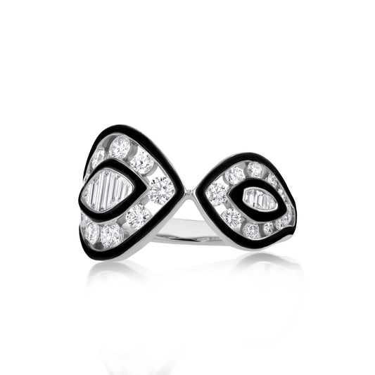 18K White Gold White Diamond and Enamel Open Work Ring