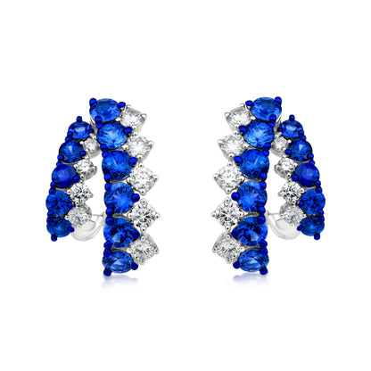 Two Row Earring With Sapphire And Diamond In 18K White Gold And Blue Rhodium