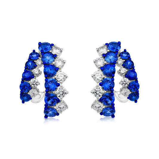 Two Row Earring With Sapphire And Diamond In 18K White Gold And Blue Rhodium