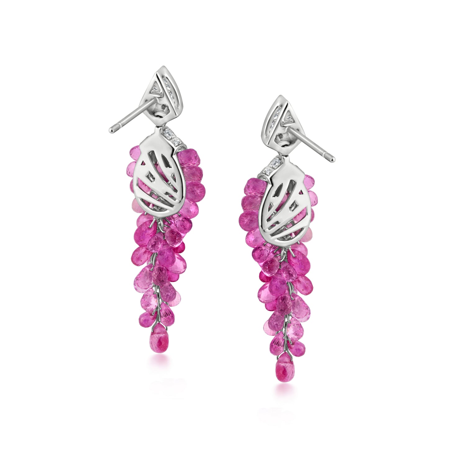 Long Dangle Cluster Earrings With Pink Sapphire And Diamond In 18K White Gold