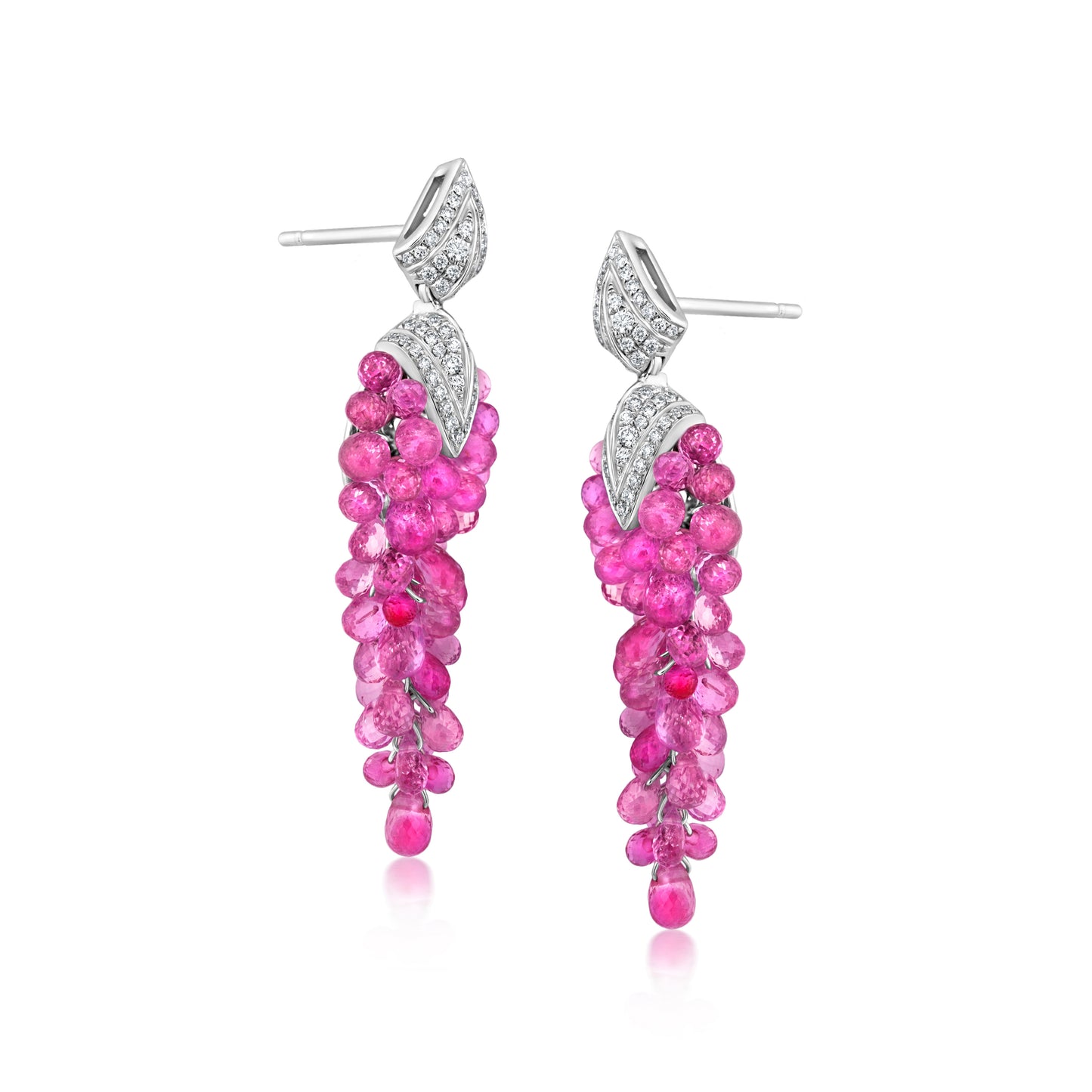 Long Dangle Cluster Earrings With Pink Sapphire And Diamond In 18K White Gold